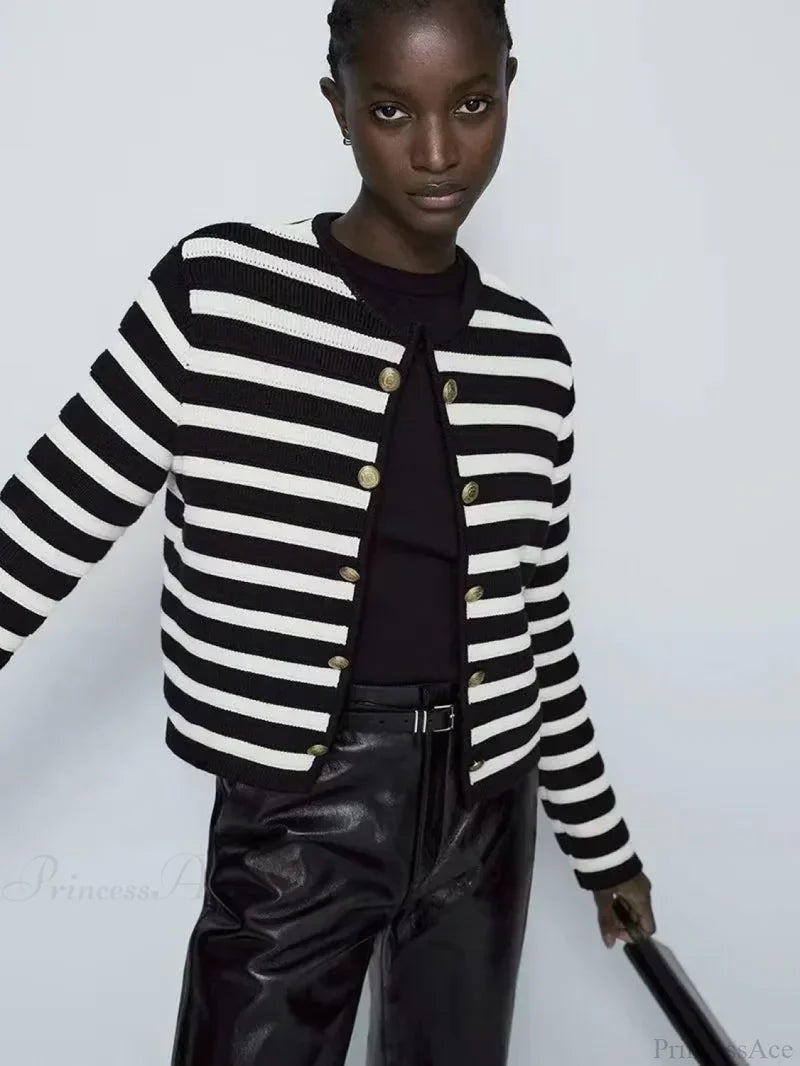 Striped Casual Classic Knit Cardigan Black / XS