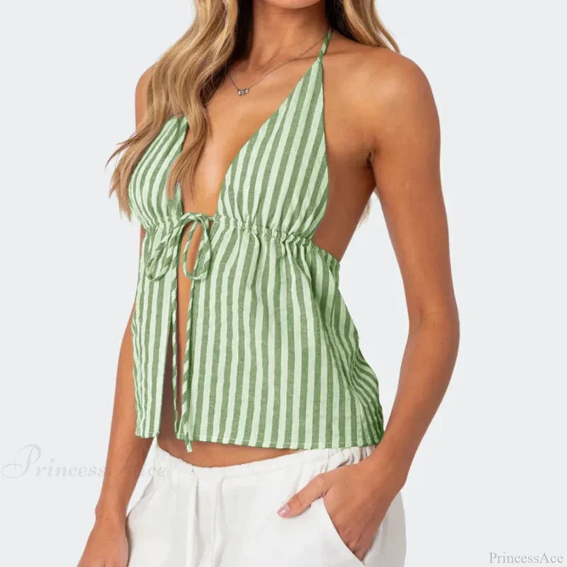 Striped Front Tie Halter Low Cut Crop Top Green / S croptop-250126