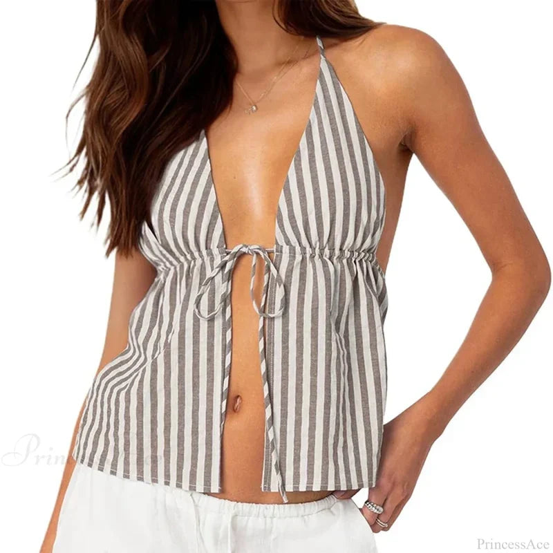 Striped Front Tie Halter Low Cut Crop Top Khaki / S croptop-250126