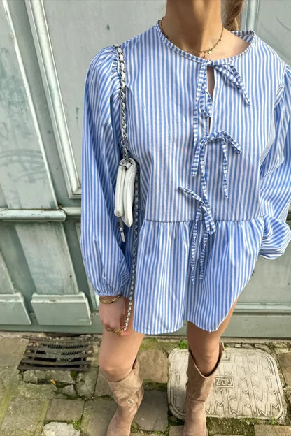 Striped Loose Fit Lace-Up Round Neck Blouse Light Blue / S blouse-250126