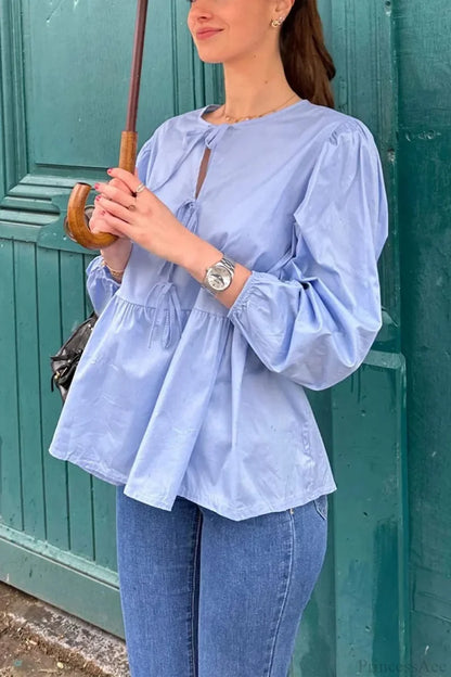 Striped Loose Fit Lace-Up Round Neck Blouse blouse-250126