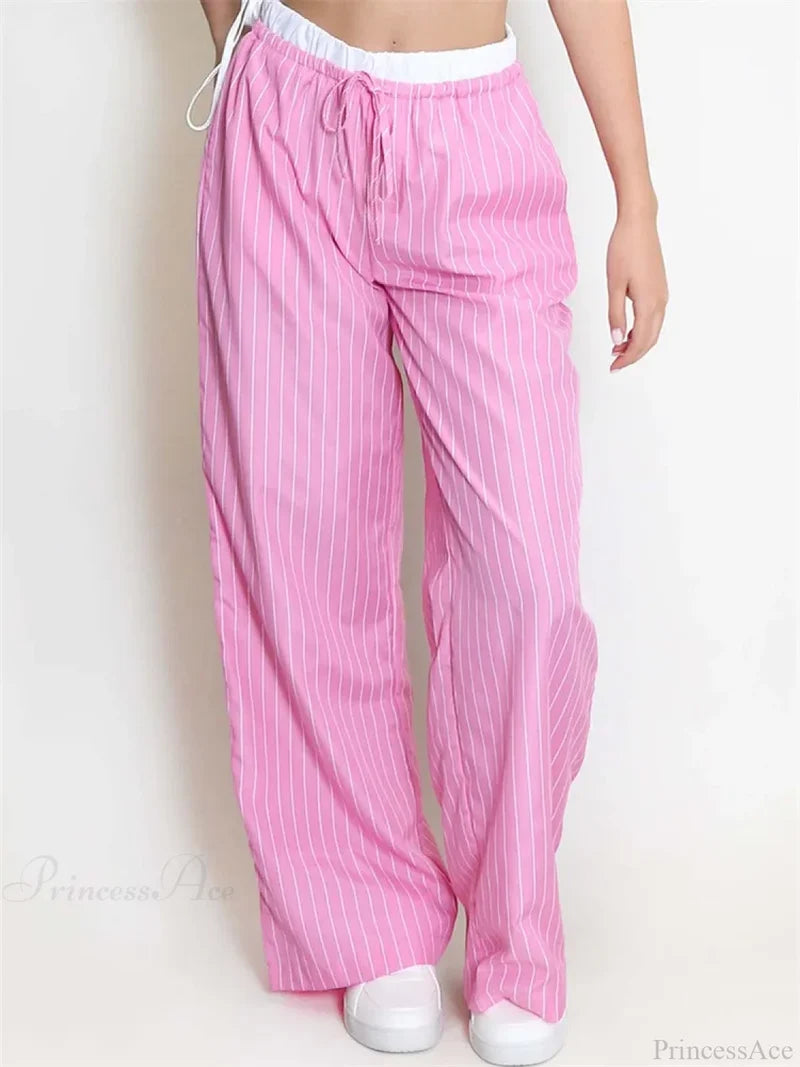 Striped Patchwork Drawstring High Waist Pant PINK / S pant-250223