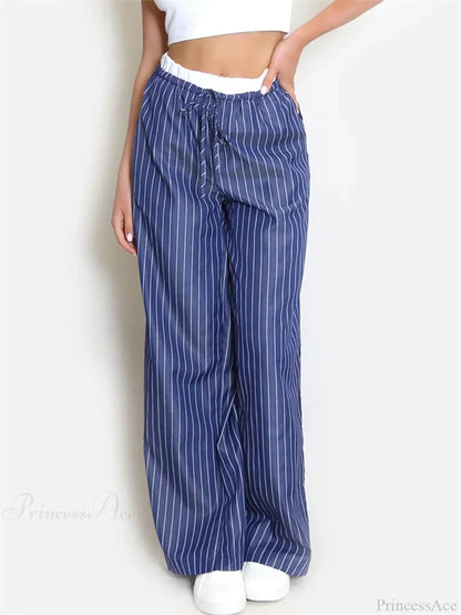 Striped Patchwork Drawstring High Waist Pant DARKBLUE / S pant-250223