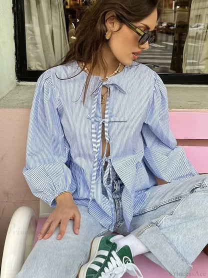 Striped Puff Sleeve Holiday Blouse blouse-250223