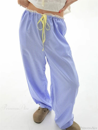 Striped Ruffles Drawstring Elastic Waist Casual Pant PRUPLE / S pant-250223