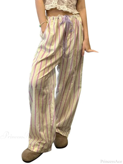 Striped Ruffles Drawstring Elastic Waist Casual Pant YELLOW / S pant-250223