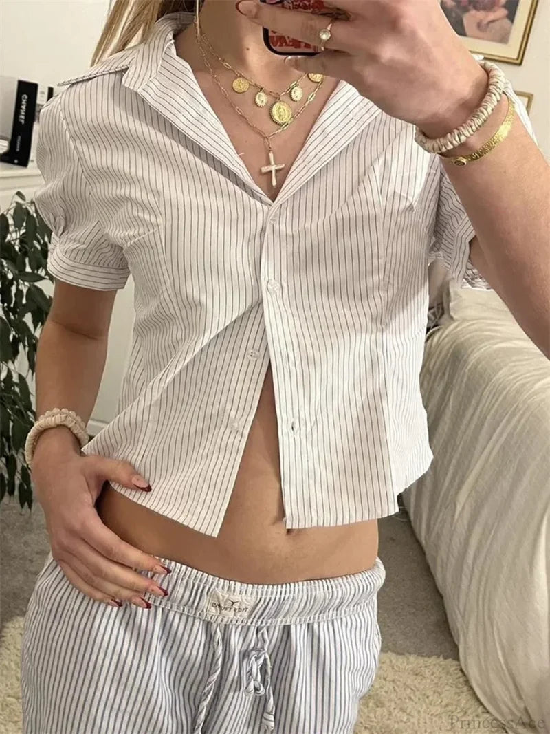 Striped Short Sleeve Button Closure Blouse blouse-250223