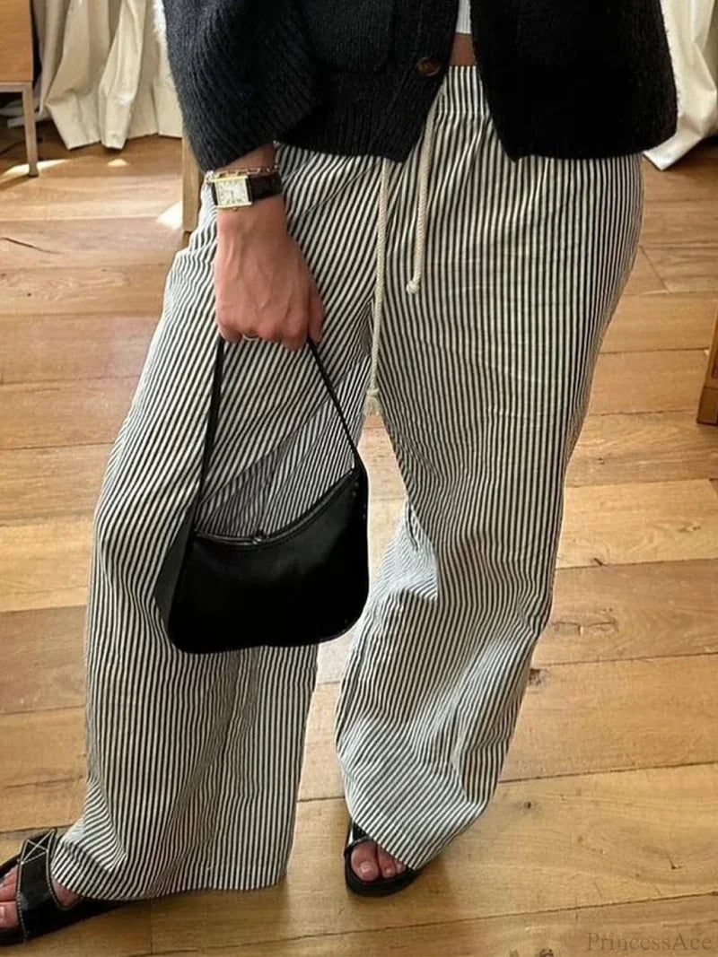 Striped Summer Loose Long Drawstring Pant BLACK / S pant-250223