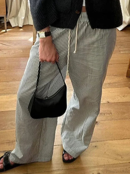 Striped Summer Loose Long Drawstring Pant BLACK / S pant-250223