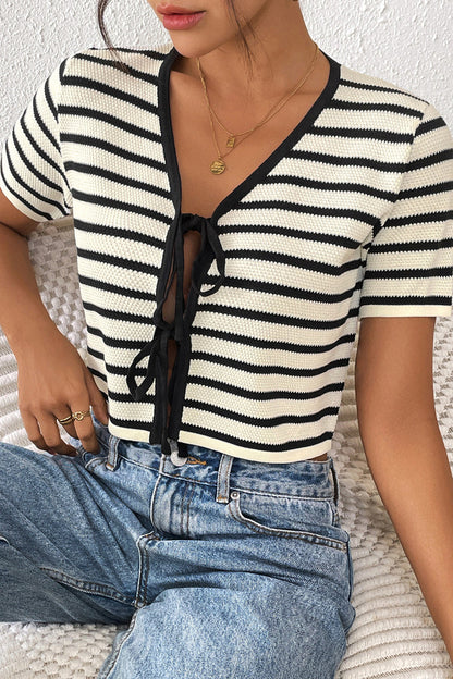 Striped Tie-Front Knit Short Sleeves Cardigan