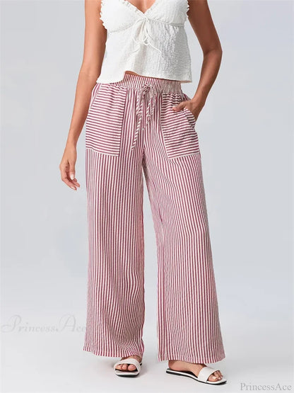 Striped Wide Leg Elastic Waist Loose Street Pant PINK / S pant-250223