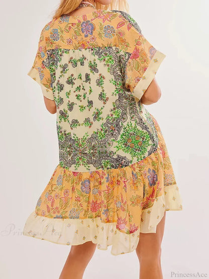 Summer Bohemian Babydoll Floral Print V-Neck Dress oldfloraldress-250126