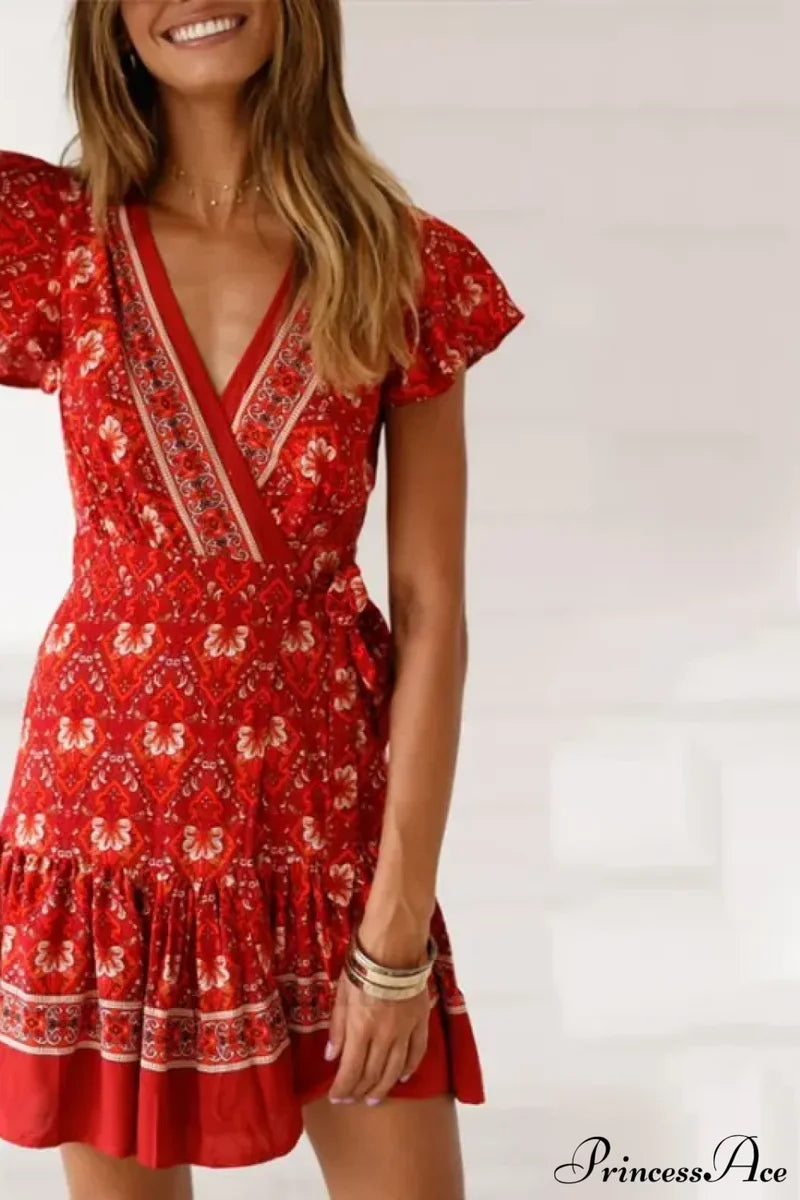 Summer Boho Floral Print Mini Wrap Beach Dress