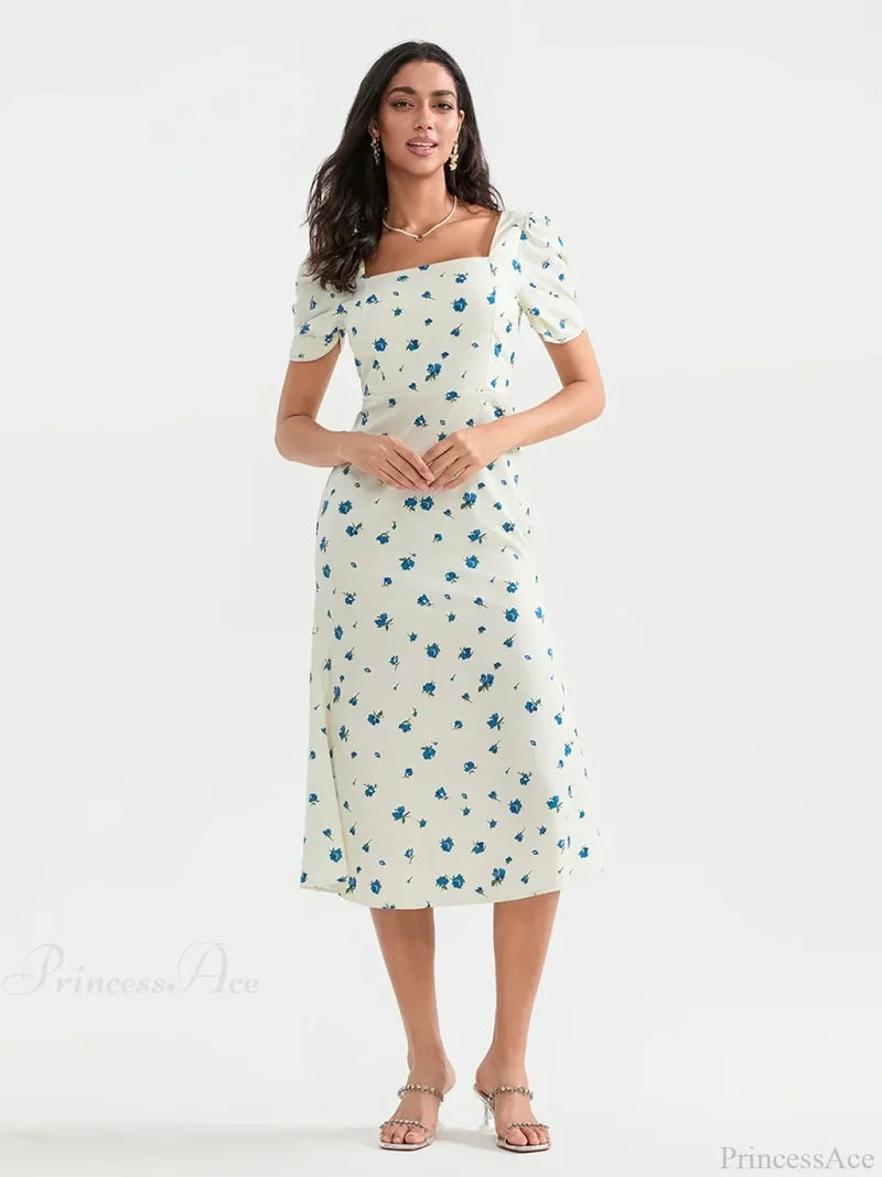 Summer Floral Midi Puff Sleeve A-Line Floral Dress floraldress-250126