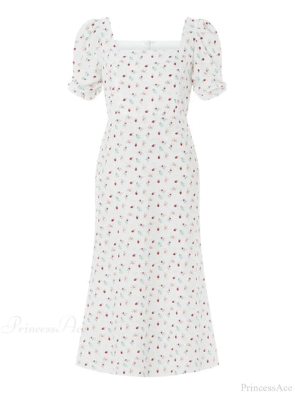 Summer Floral Midi Puff Sleeve A-Line Floral Dress WHITE / S floraldress-250126