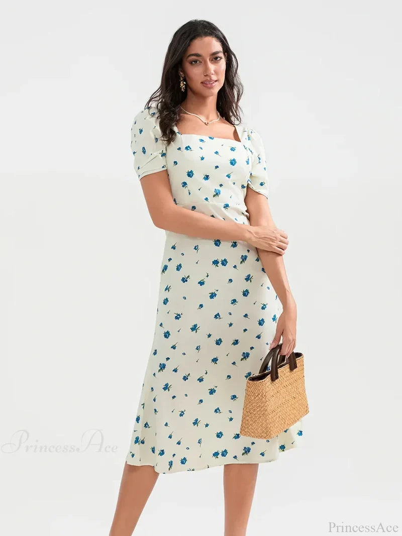 Summer Floral Midi Puff Sleeve A-Line Floral Dress GREEN / S floraldress-250126