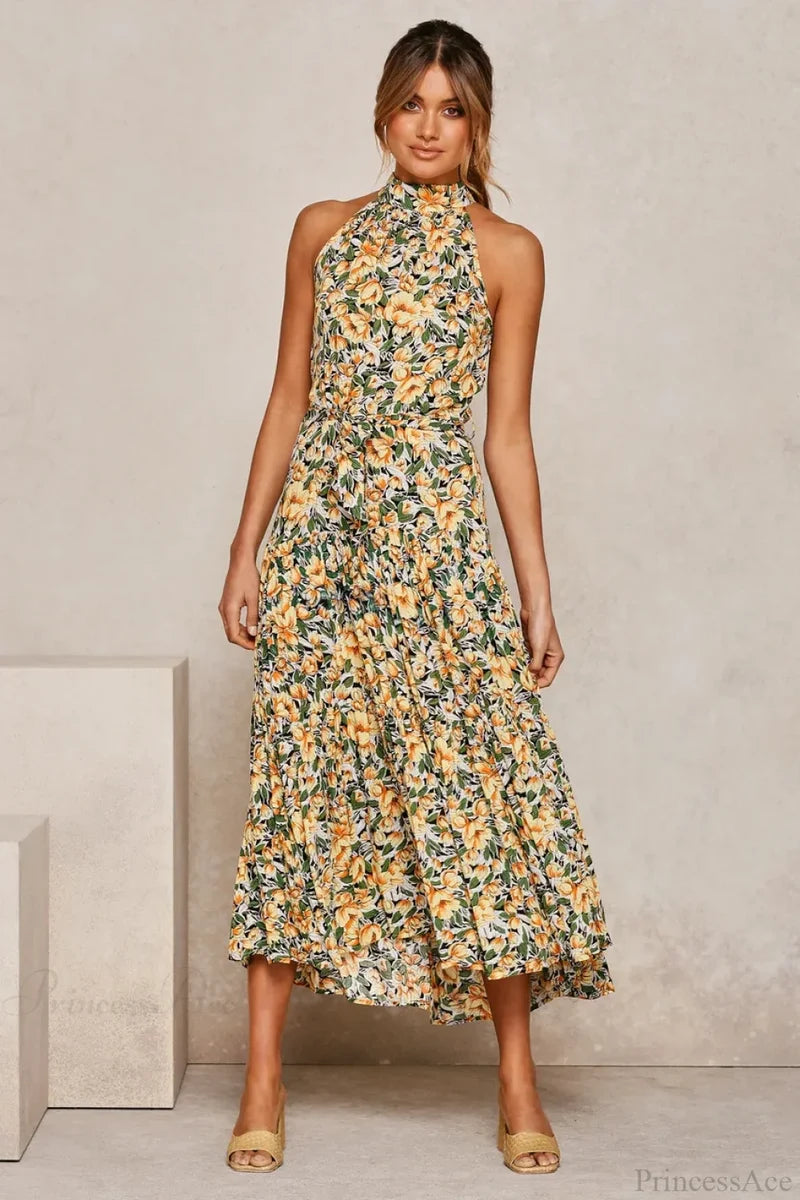 Summer Floral Print Halter Neck Beach Floral Dress oldfloraldress-250126