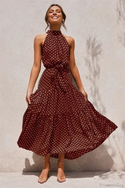 Summer Floral Print Halter Neck Beach Floral Dress Brown / S oldfloraldress-250126