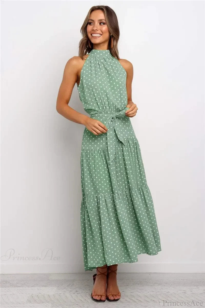 Summer Floral Print Halter Neck Beach Floral Dress Green / S oldfloraldress-250126