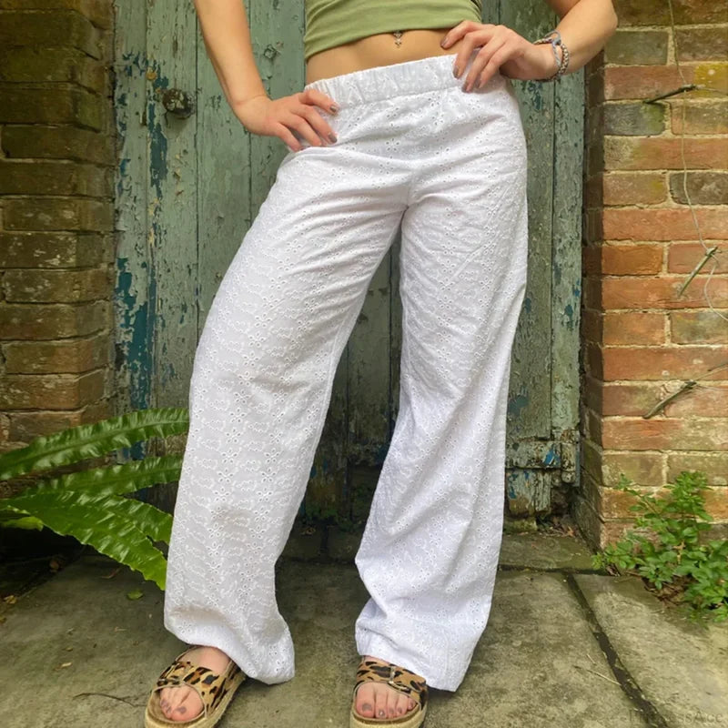 Summer Kawaii Eyelet Embroidery Palazzo Pant pant-250223