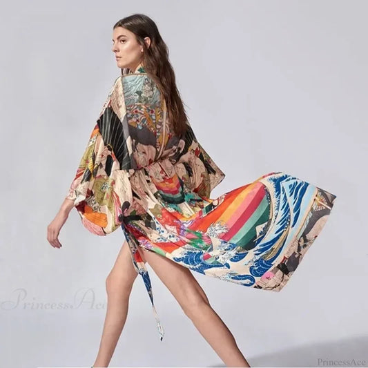 Summer Kimono Bikini Cover Up Boho Beach Chic Floral Print color / One Size bohocoverup-250126