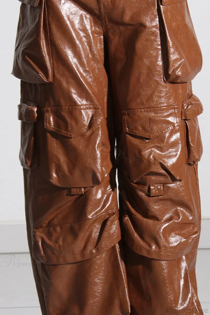 Summer Loose PU Leather Cargo Pant