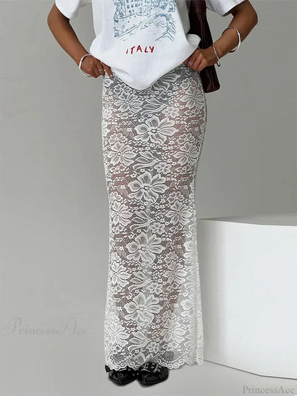 Summer Sexy Sheer Lace Floral Long Skirt Y2K Party WHITE / S skirt-250126