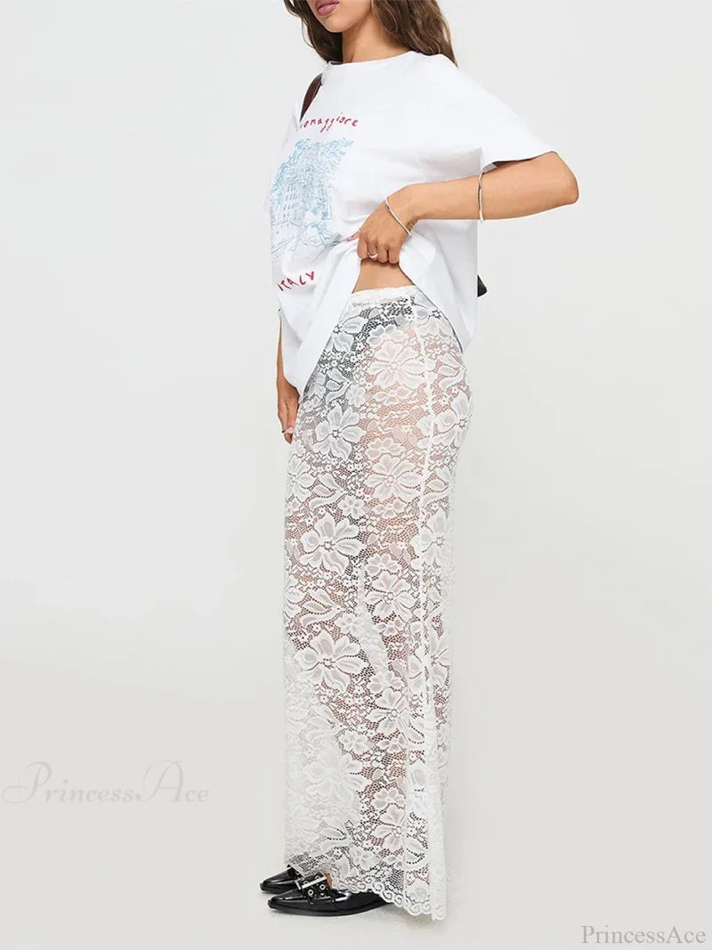 Summer Sexy Sheer Lace Floral Long Skirt Y2K Party skirt-250126