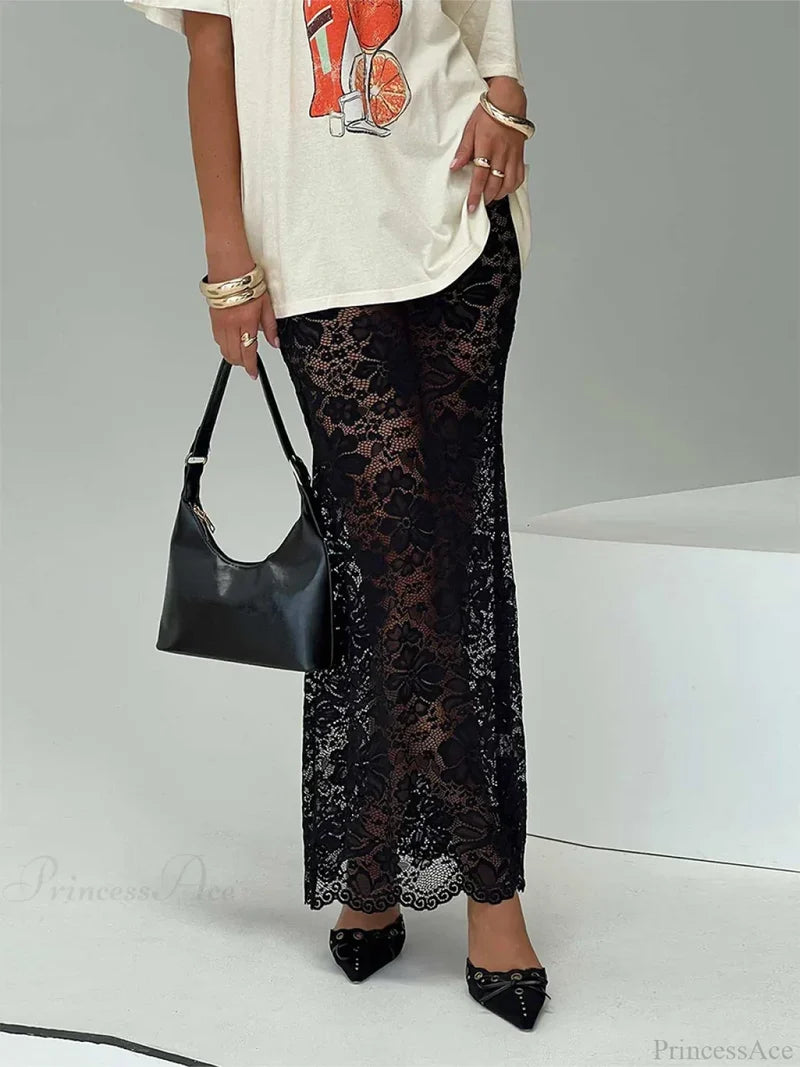 Summer Sexy Sheer Lace Floral Long Skirt Y2K Party skirt-250126