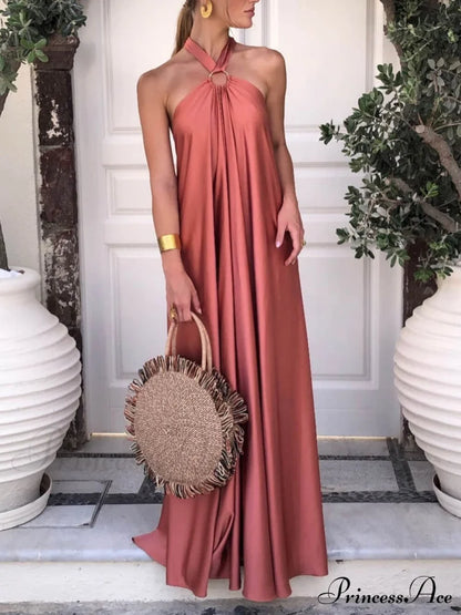 Summer Temperament Satin Charming Halter Swing Gown Dresses