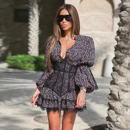 Sweet Small Fresh Print Waist Short Lace Floral Dress floraldress-250126