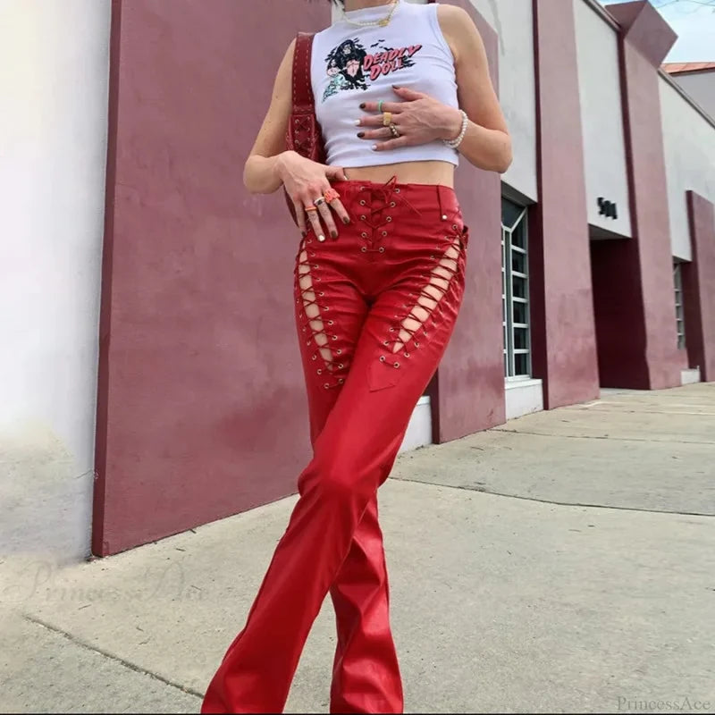 Tall Waist Synthetic Leather Gothic Pant Red / S