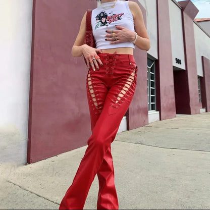 Tall Waist Synthetic Leather Gothic Pant Red / S