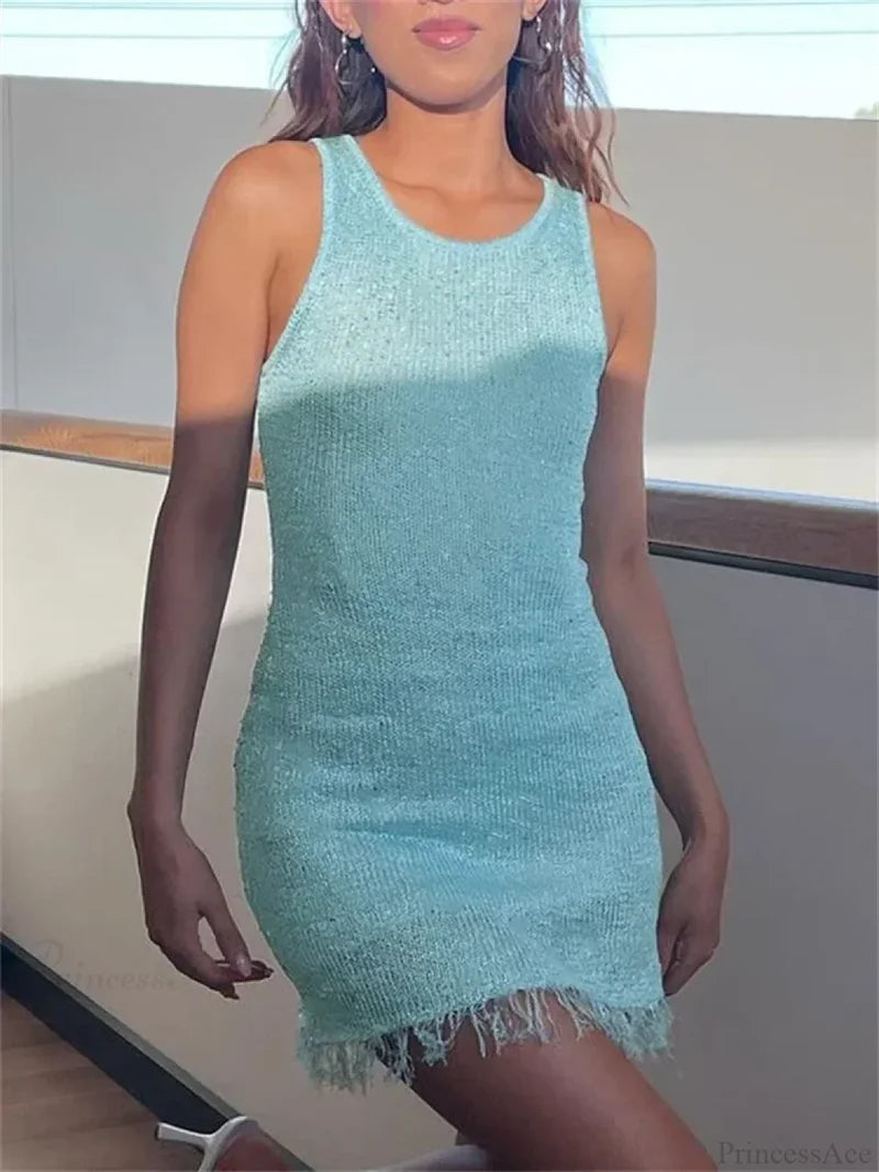 Tassel Patchwork Hollow-Out Mini Dress Blue / S minidress-250223