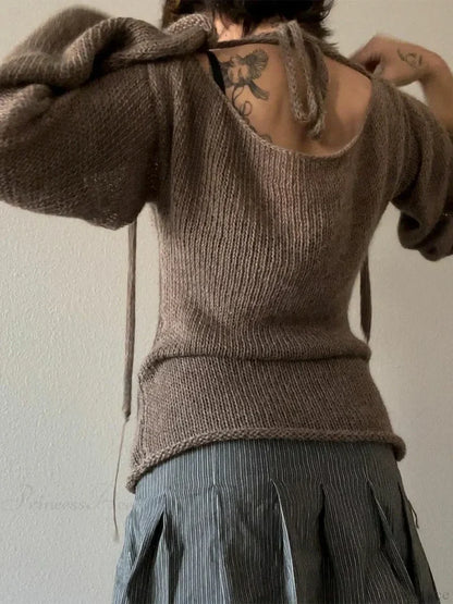 Tie Back Boat Neck Solid Color Sweater Brown / S