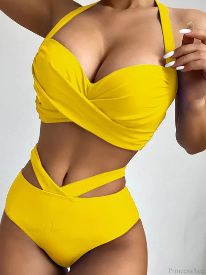 Tie Dye Lace Up Back Halter Two Piece Set Yellow / S