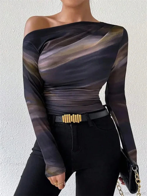Tie-dye One Shoulder Slim Fit Long Sleeve Knit Top Navy Blue / S knittop-250126