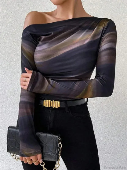 Tie-dye One Shoulder Slim Fit Long Sleeve Knit Top knittop-250126