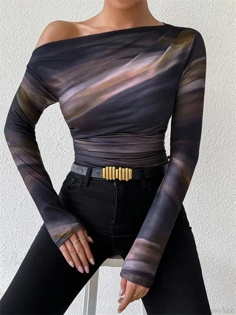 Tie-dye One Shoulder Slim Fit Long Sleeve Knit Top knittop-250126