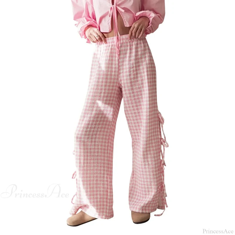Tie-Up Plaid Stripe Loose Polyester Wide Leg Pant Pink / S pant-250223