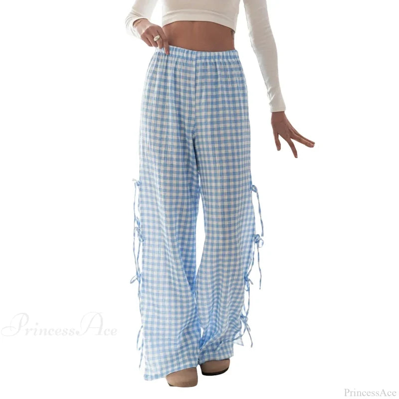 Tie-Up Plaid Stripe Loose Polyester Wide Leg Pant Blue / S pant-250223