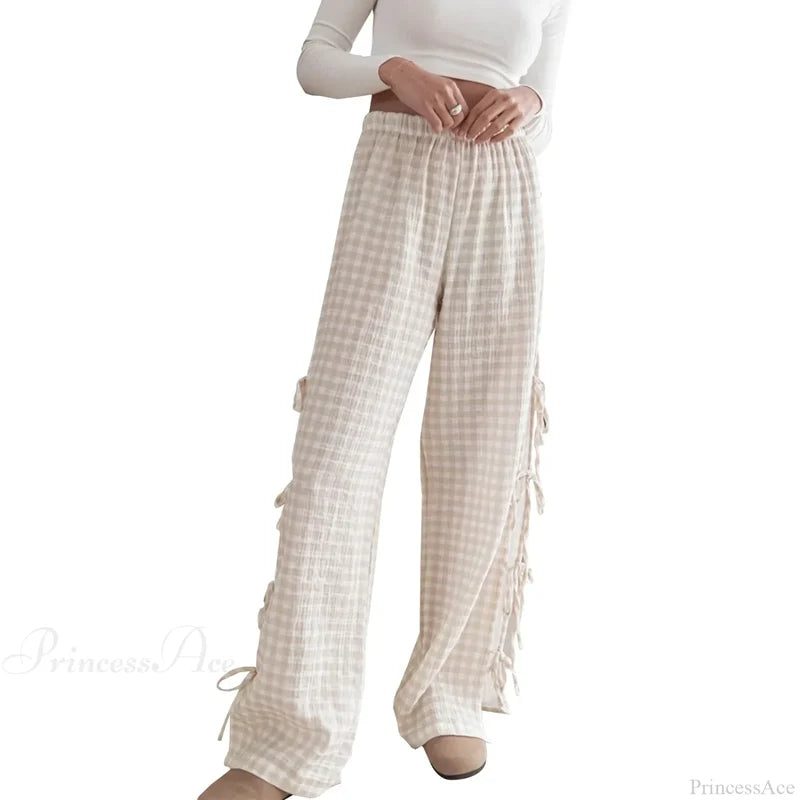 Tie-Up Plaid Stripe Loose Polyester Wide Leg Pant Khaki / S pant-250223