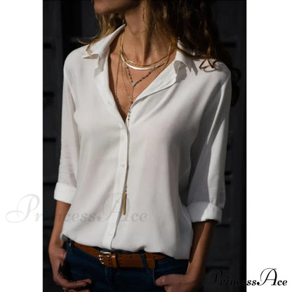 Tops Female Office Warm-Season Blouse Women V-Neck Casual Solid Shirts Chiffon Regular White / S