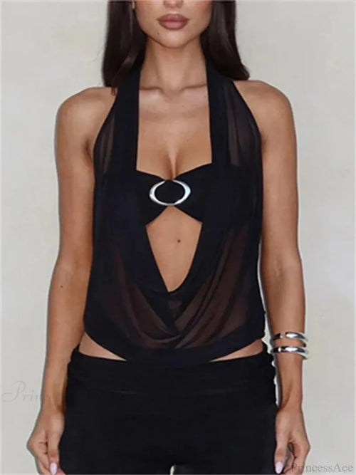 Transparent Mesh Halter Crop Top black / S