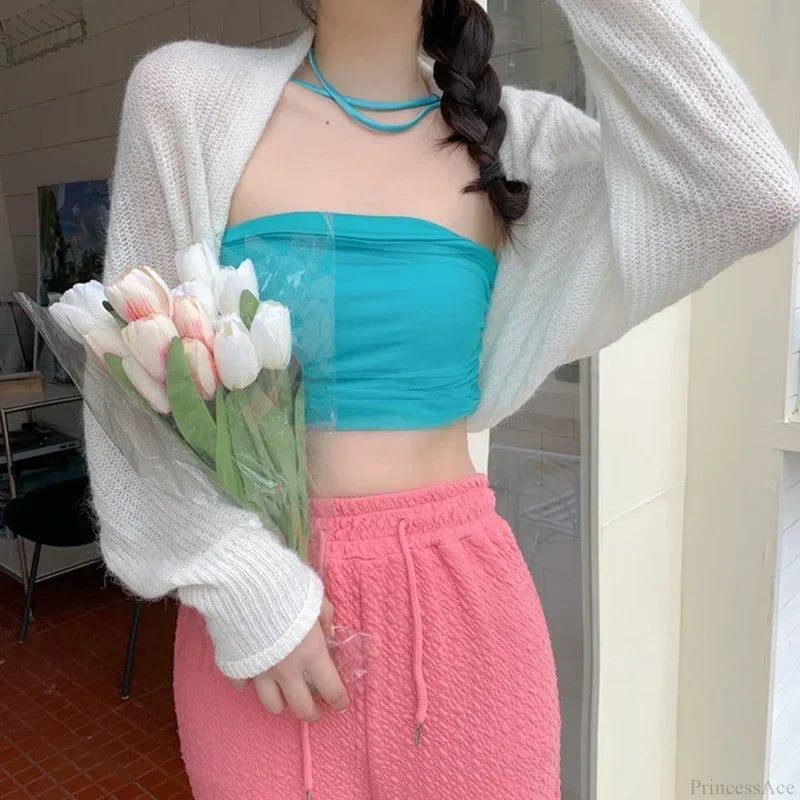 Transparent Sun Protection Open Front Cropped Knit Cardigan WHITE / One Size cardiagn-250126
