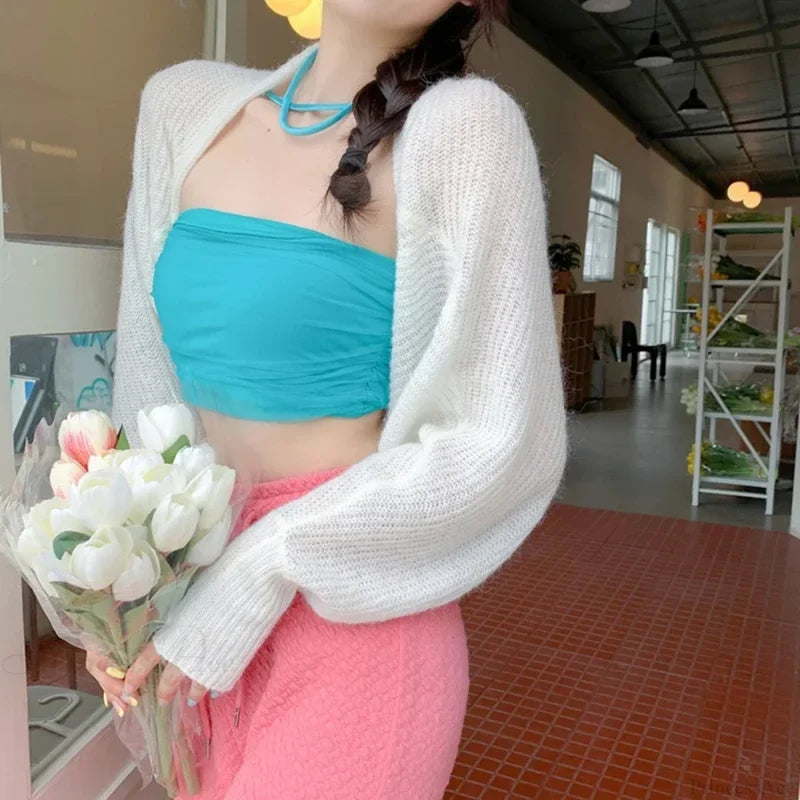 Transparent Sun Protection Open Front Cropped Knit Cardigan cardiagn-250126