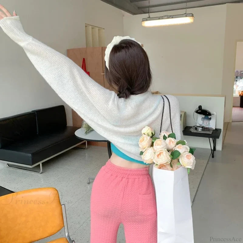 Transparent Sun Protection Open Front Cropped Knit Cardigan cardiagn-250126