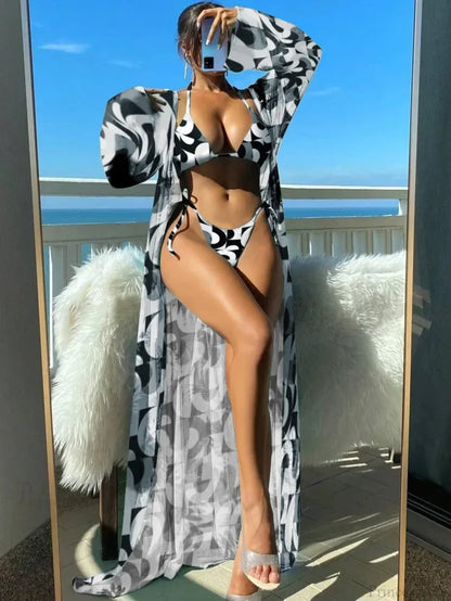 Triangle String Bikini Set with Kimono Three Piece Swimsuit Black / S