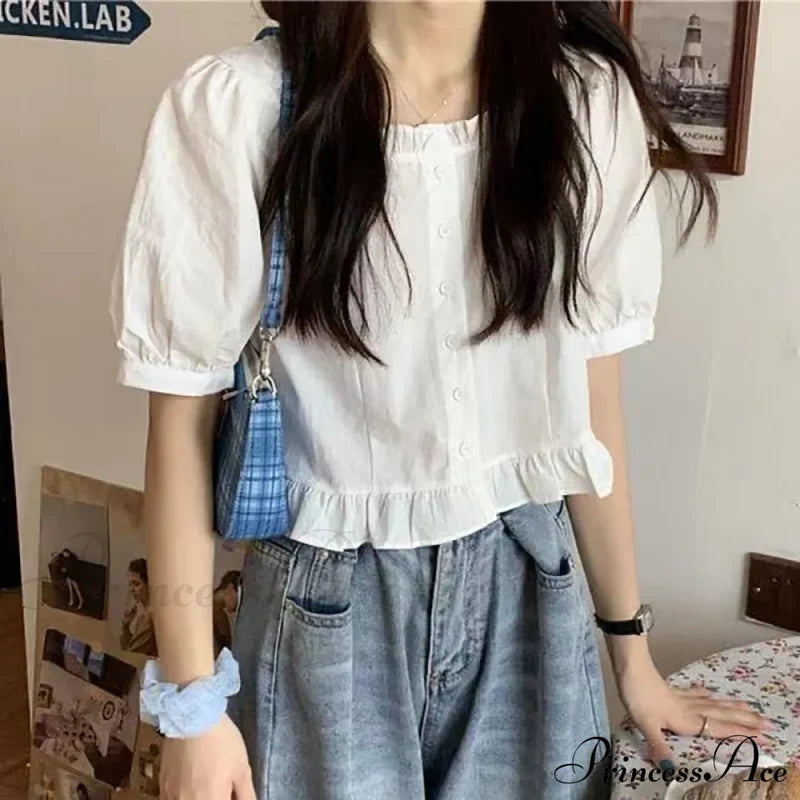 Up Cute Ruffles Women’s Waist Button Blouse Clothing High Puff Youth Crop Warm-Season Top White