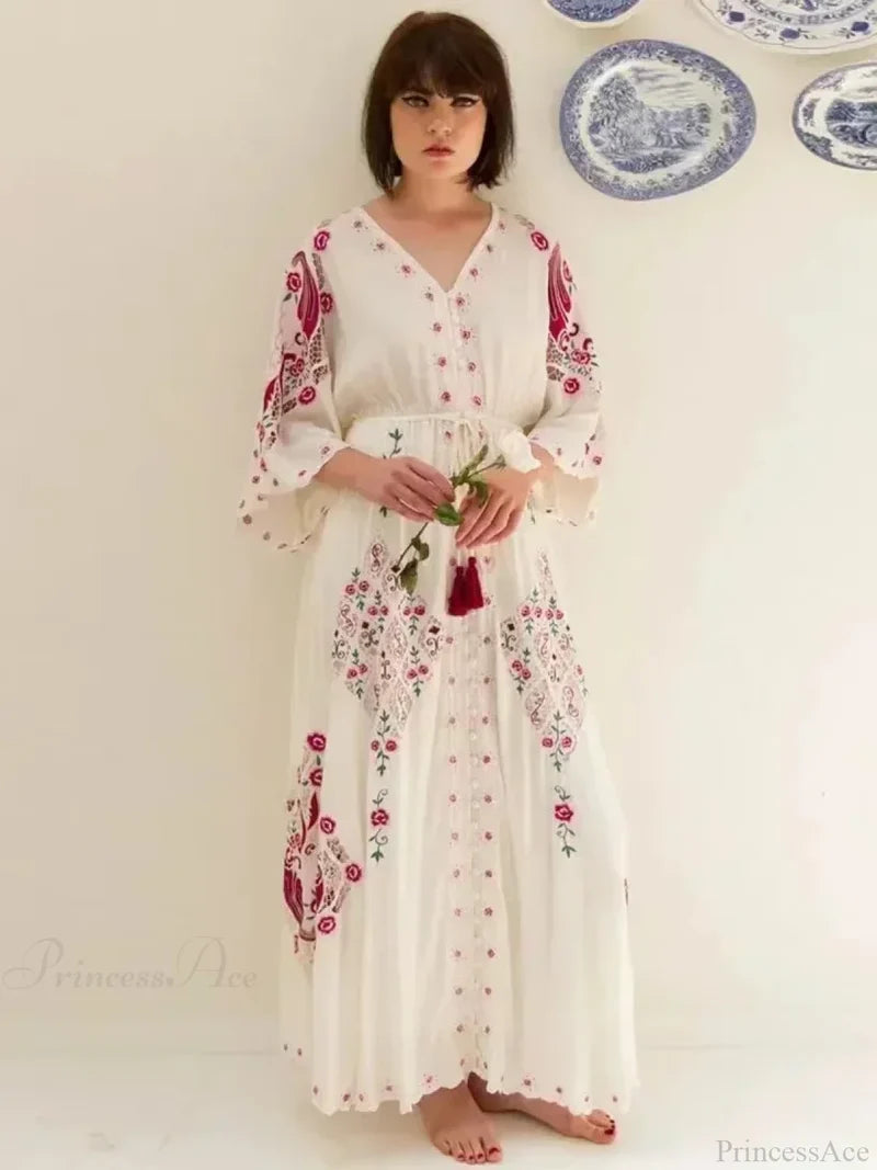 V Collar Embroidery Oversized Casual Cotton Boho Dress bohodress-250126